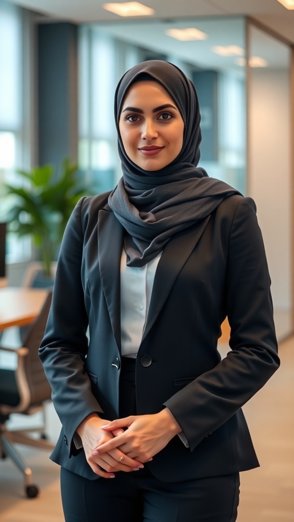 A woman in a tailored suit and hijab standing confidently in an office setting.