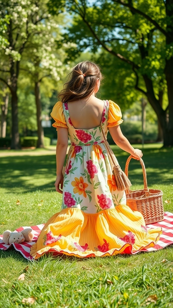 A girl in a floral sundress holding a picnic basket, standing on a picnic blanket in a sunny park.