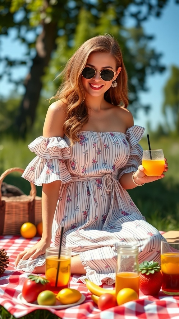 A woman in a chic sundress with ruffled details, surrounded by a picnic setup with fruits and drinks.