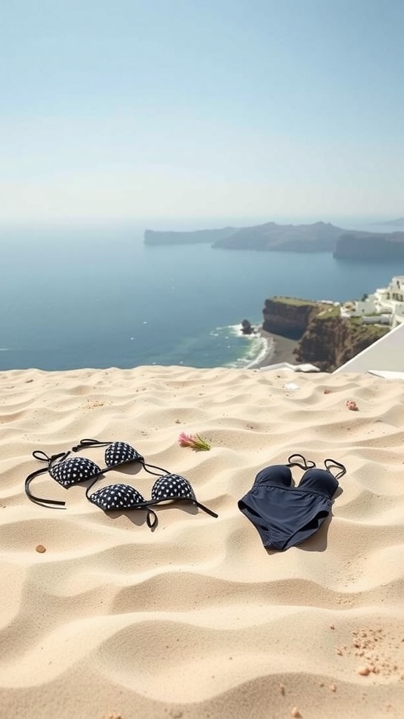 Two swimsuits on the sandy beach in Santorini, Greece