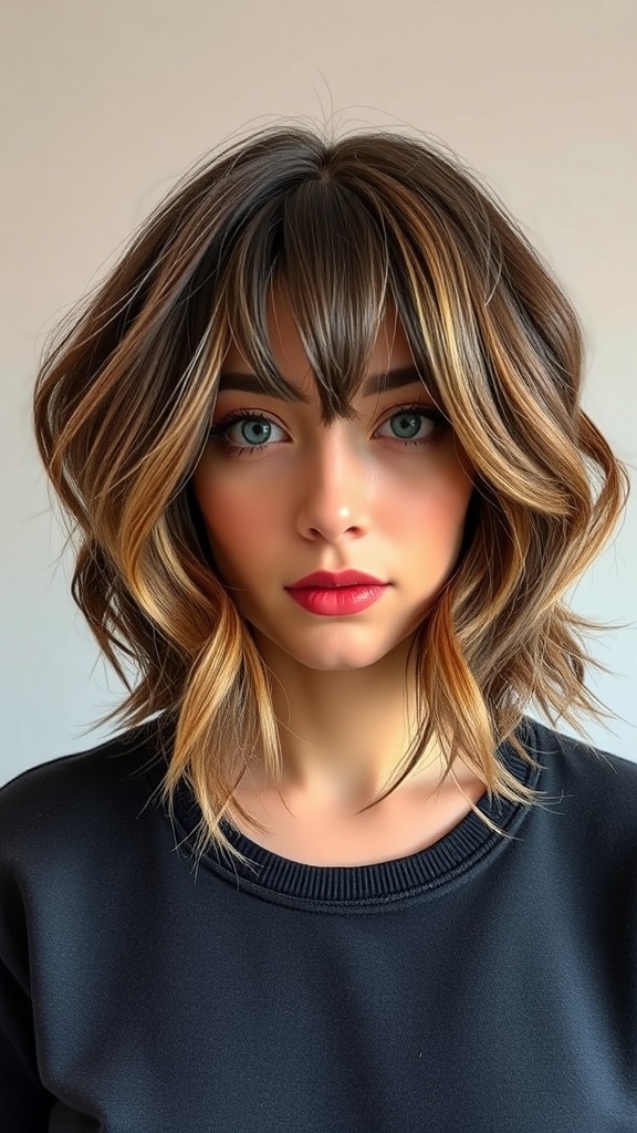A woman with a chic textured French bob hairstyle featuring bangs and soft waves.