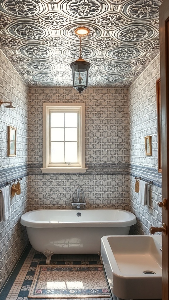 A bathroom featuring chic tin tiles on the ceiling, with a vintage bathtub and elegant decor.
