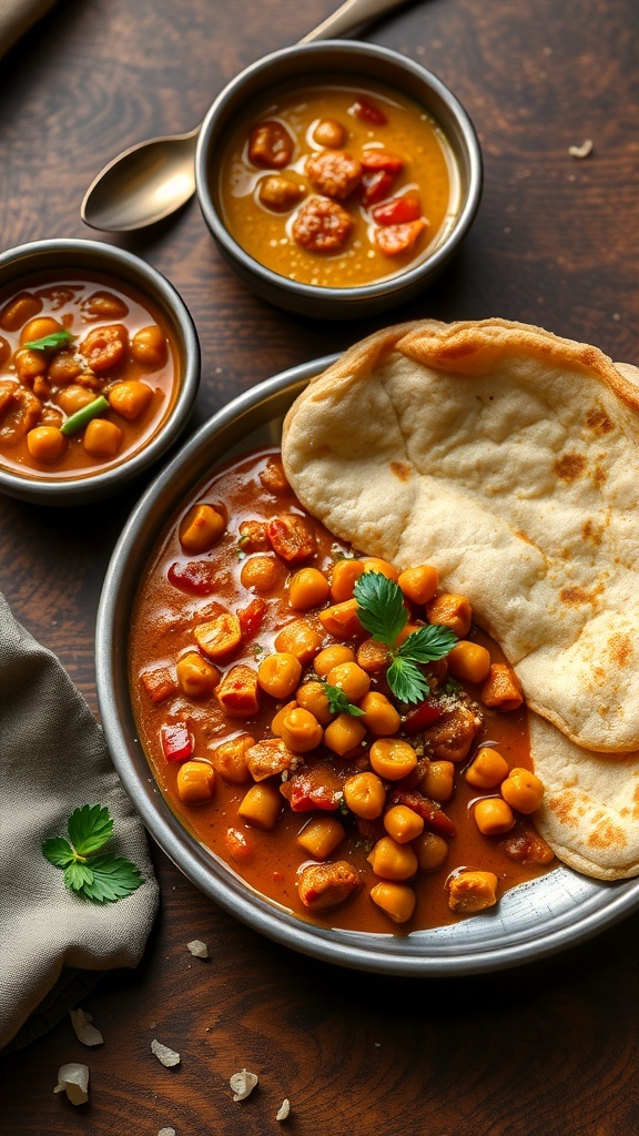 A plate of Chole Bhature with chickpea curry and fried bread