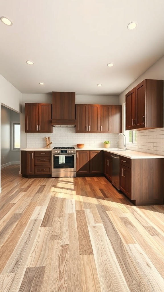 An L shaped kitchen featuring dark wood cabinets and light wood flooring.