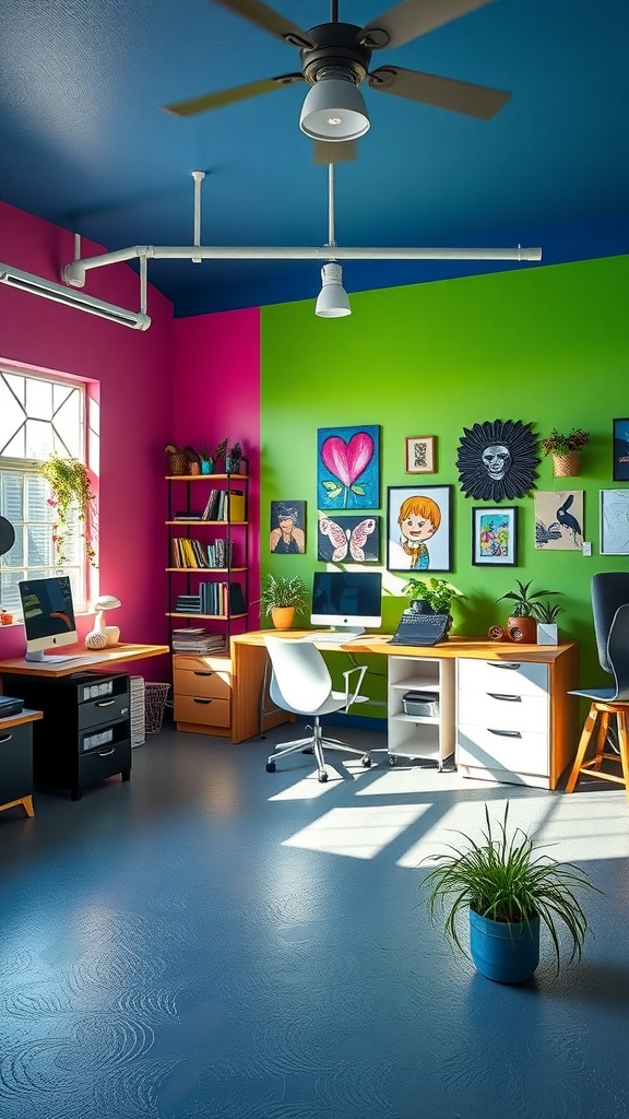 A colorful garage office with pink, green, and blue walls, featuring desks, computers, and artwork.