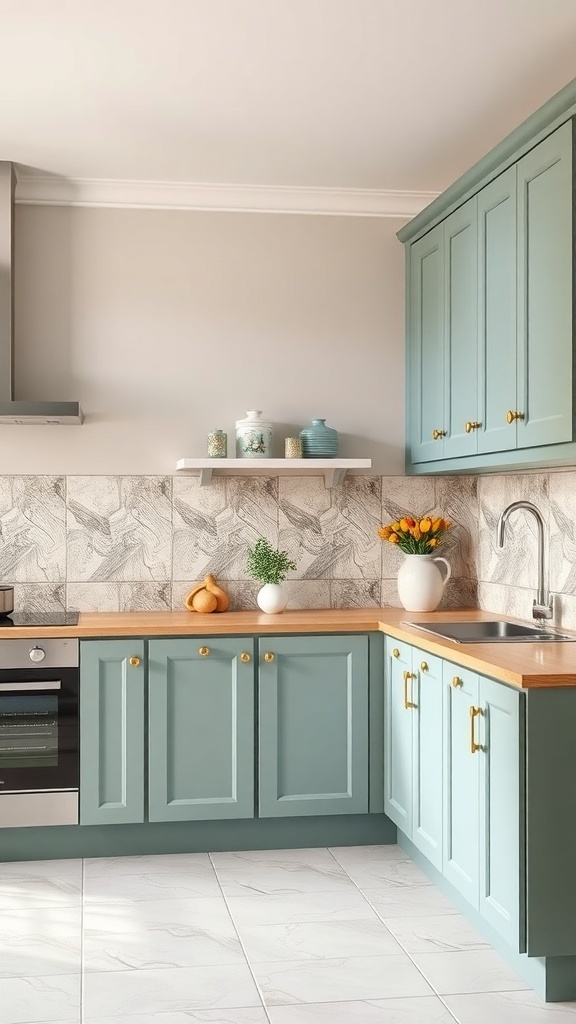 A stylish L-shaped kitchen featuring soft blue cabinets, light wood countertops, and decorative elements like flowers.