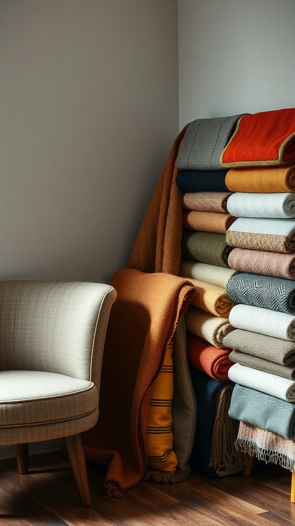 A cozy corner featuring a stylish chair and a stack of colorful blankets.