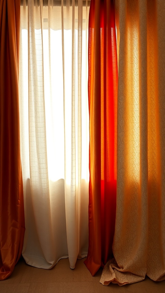 A variety of blackout curtains in warm colors, showcasing different fabrics and textures.