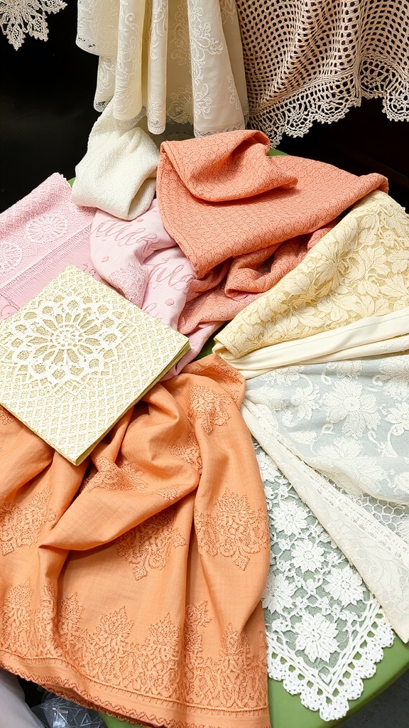 A variety of lace and fabric samples in different colors and textures