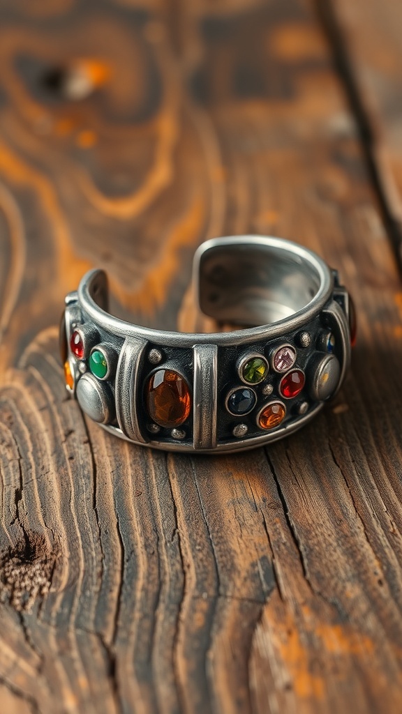 Chunky silver cuff bracelet with colorful gemstone accents on a wooden surface.