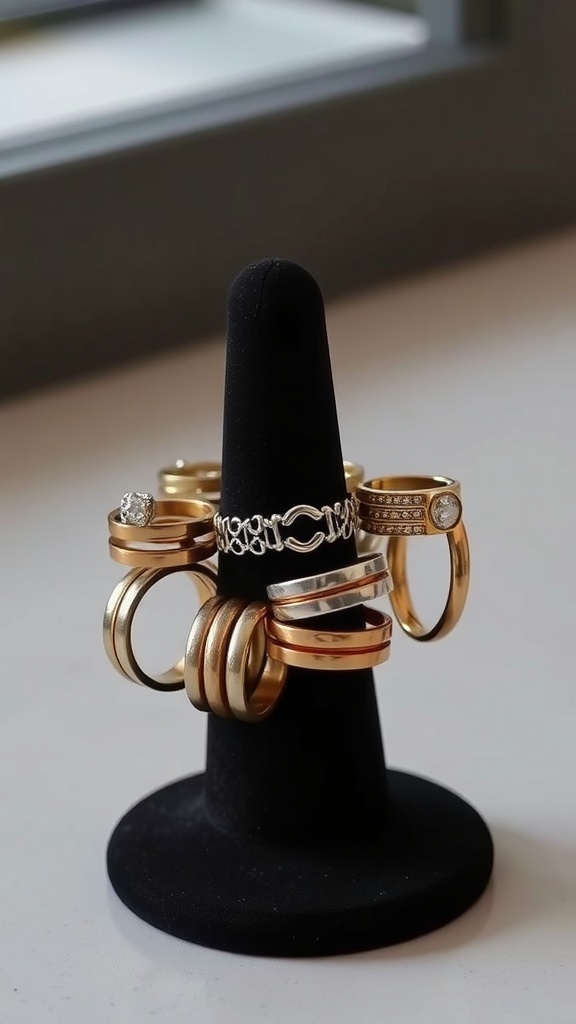A collection of chunky rings displayed on a ring holder.