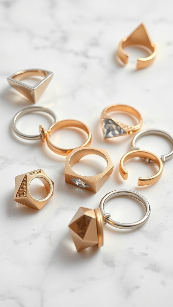 An assortment of chunky rings with geometric shapes in gold and silver on a marble surface.