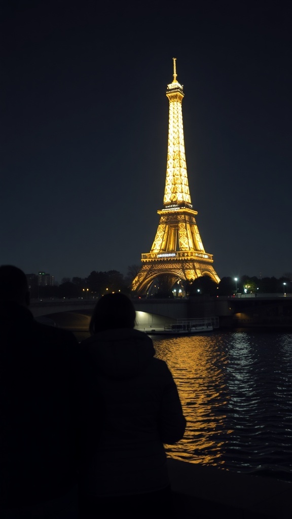 A couple admiring the illuminated Eiffel Tower at night