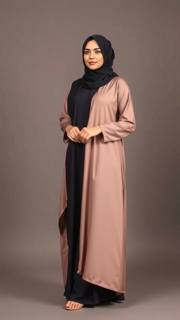 A classic black A-line abaya displayed on a mannequin in a boutique setting.