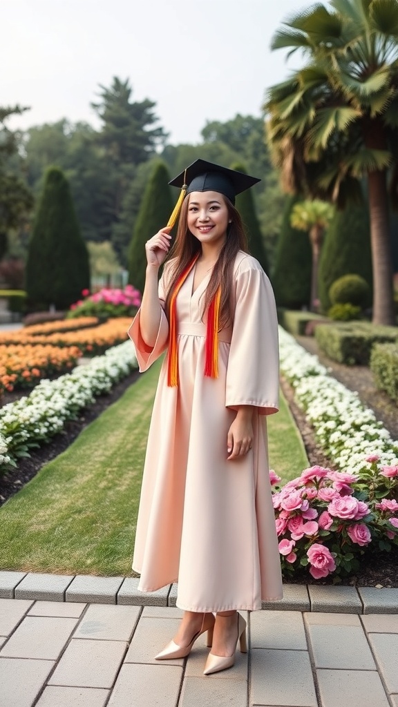 A graduate in a peach A-line dress standing in a garden with flowers, wearing a graduation cap and holding her cap.