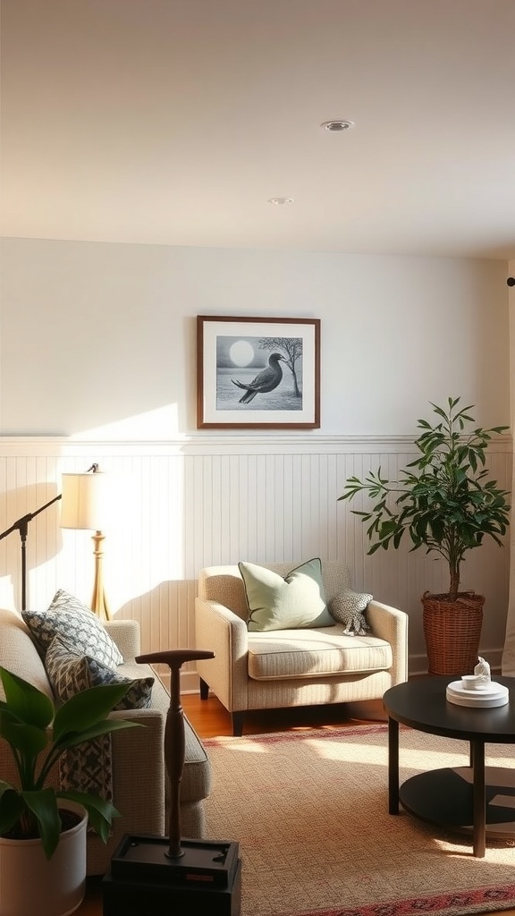 A cozy living room with beadboard paneling, a comfortable chair, a lamp, a potted plant, and artwork on the wall.