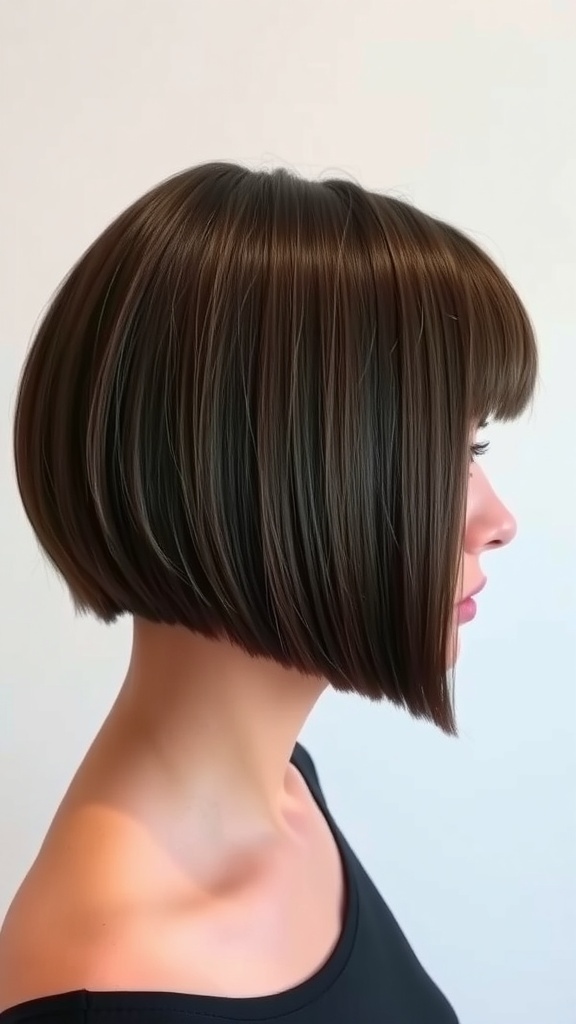 A stylish woman with a classic blunt cut hairstyle, featuring straight hair that falls just above her shoulders and bangs.