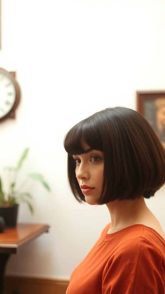 A woman with a classic bob hairstyle and soft, rounded bangs, wearing an orange top.