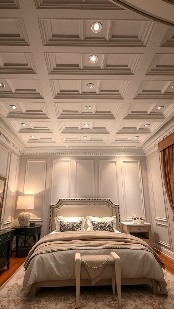 A bedroom featuring a classic coffered ceiling design with recessed lighting.