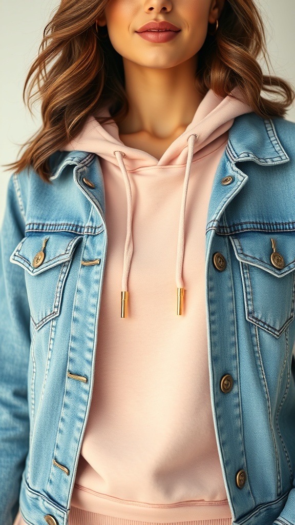 A mannequin wearing a light blue denim jacket over a dark hoodie, set against a brick wall.