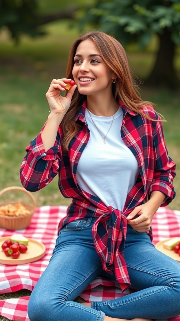 Woman in a red and black plaid shirt tied at the waist, wearing fitted jeans, standing in a park.
