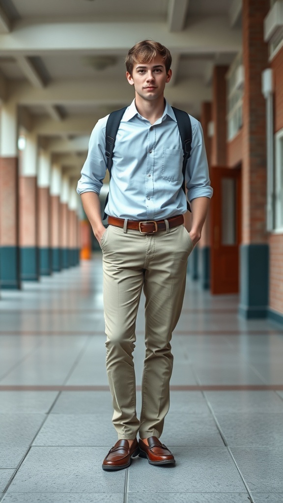 A young man in a light blue shirt and chinos stands in a school corridor, showcasing a classic preppy style.