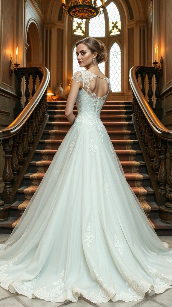 A classic princess ballgown displayed on a mannequin at the top of a grand staircase.