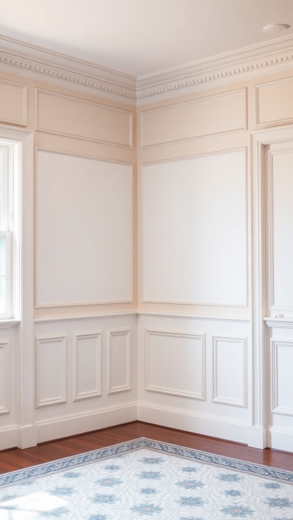 Interior view of a room featuring classic raised panel wainscoting and a decorative rug.