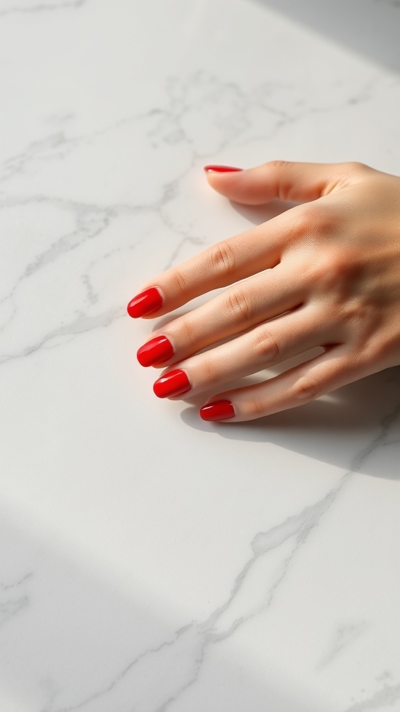 A hand with classic red manicure on a marble surface