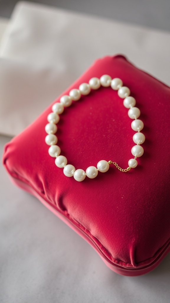 A classic single strand pearl necklace displayed on a red cushion.