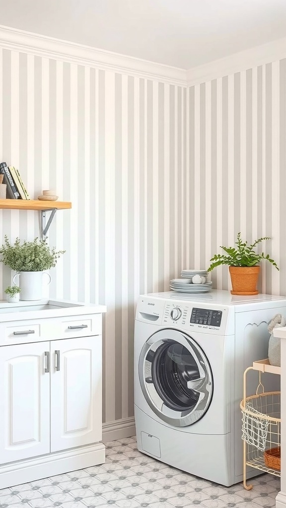 A laundry room featuring classic striped wallpaper, a washing machine, and white cabinetry.