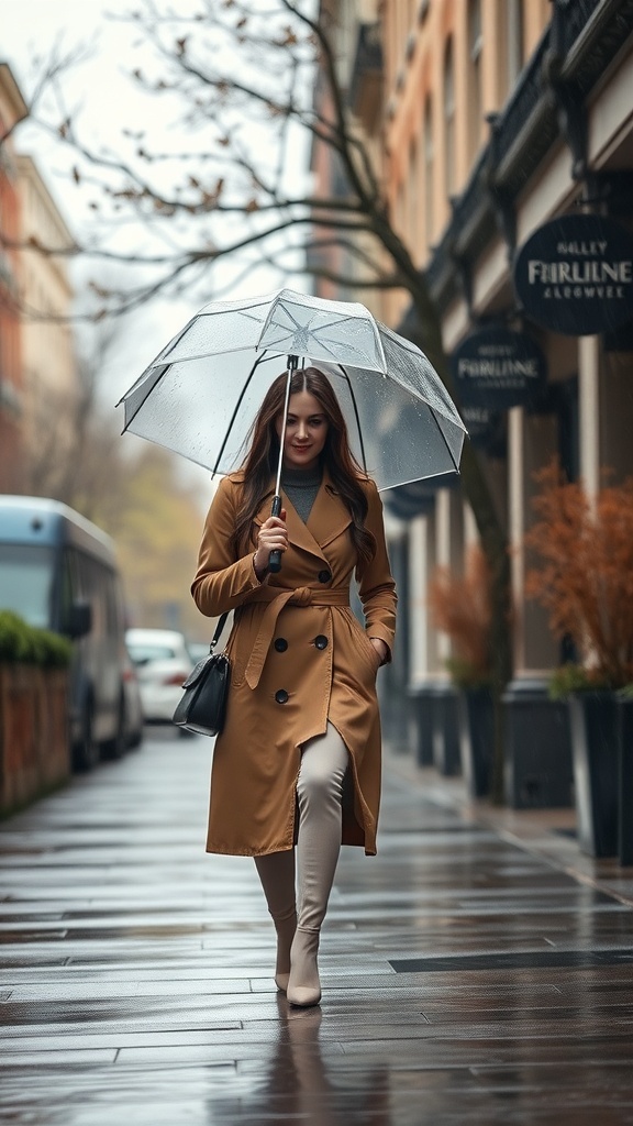 A woman in a tan trench coat walking with a clear umbrella on a rainy street.