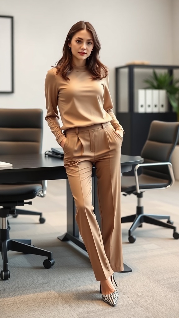 A woman in a stylish office outfit featuring classic trousers and a matching top, standing confidently by a conference table.