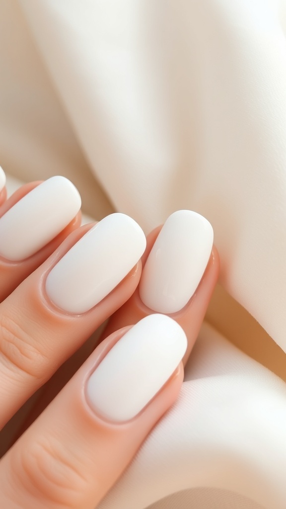 Close-up of perfectly manicured white almond nails on a soft fabric background.