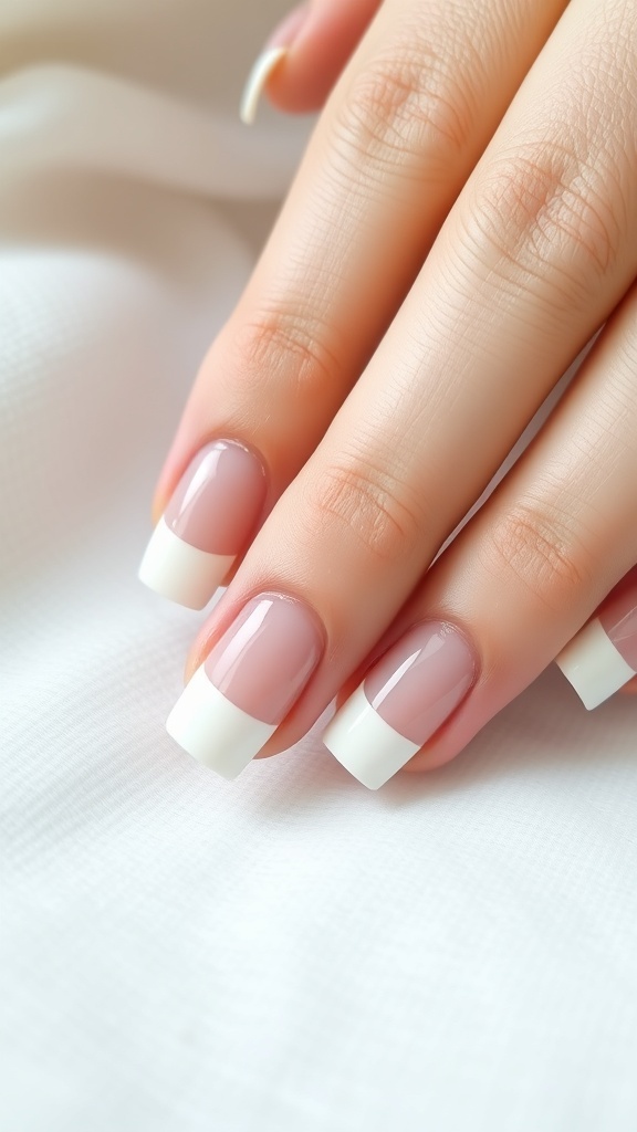 Close-up of hands with classic white French tip nails on a soft white background.