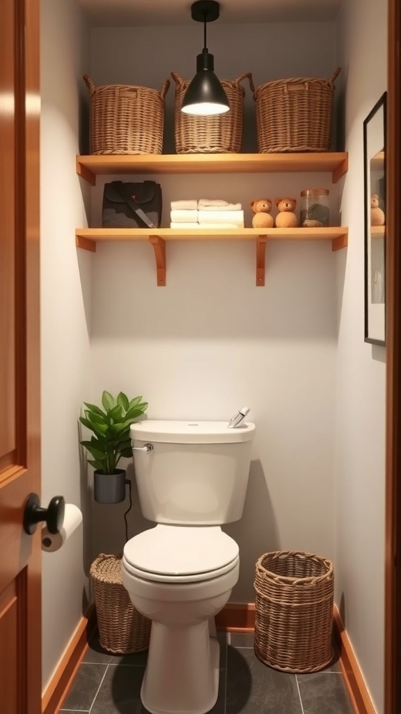 Compact powder room with shelves, baskets, and a small plant