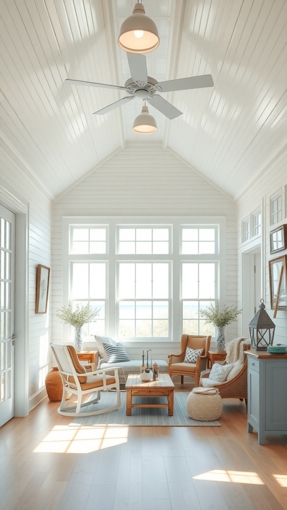 A bright room with beadboard ceiling, large windows, and coastal-inspired decor.