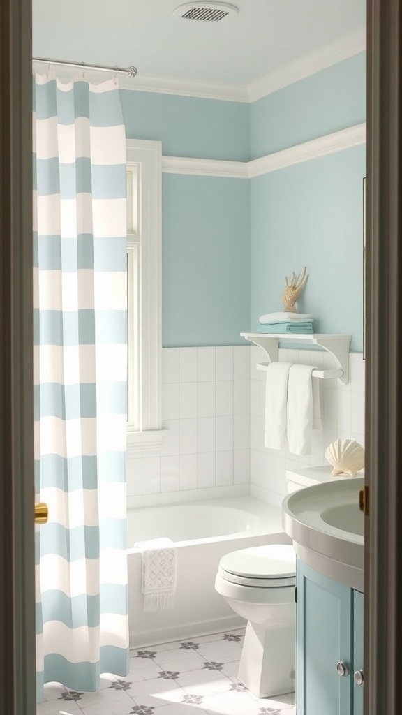 A bathroom featuring a striped shower curtain in blue and white, with light blue walls and a clean, beachy aesthetic.
