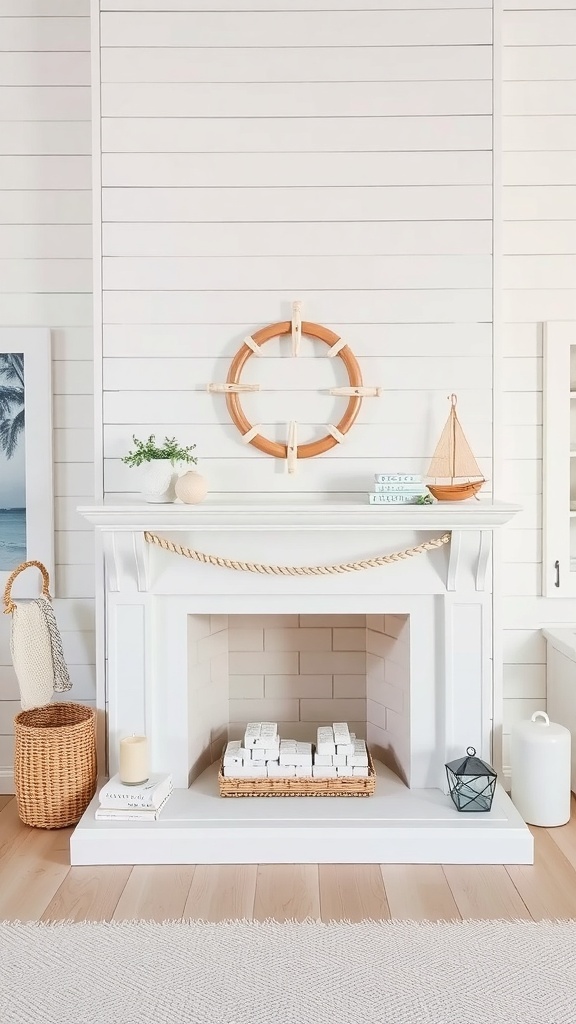A white shiplap fireplace with nautical decor, including a ship's wheel and a small sailboat.