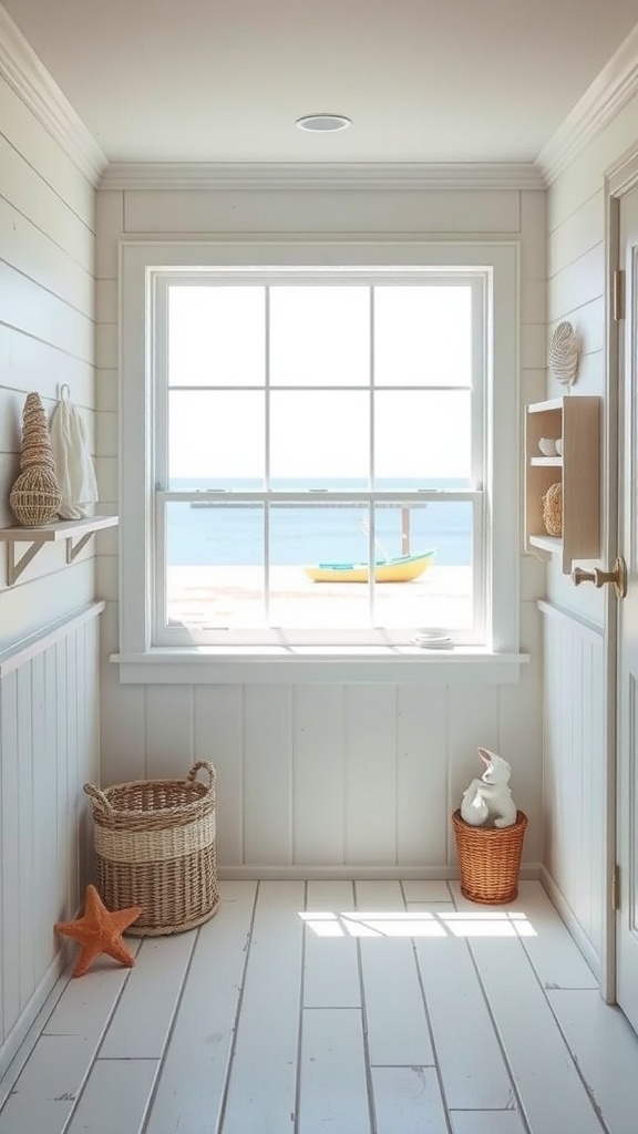 A bright coastal entryway featuring shiplap paneling, a large window with a view of the water, and beach-themed decor.