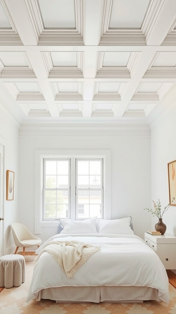 A cozy bedroom featuring a white coffered ceiling, simple furniture, and a light color scheme.