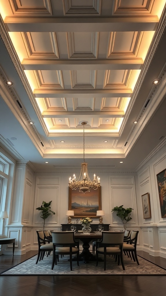 A beautifully designed coffered ceiling with recessed lighting in a dining room setting, featuring elegant furniture and decor.