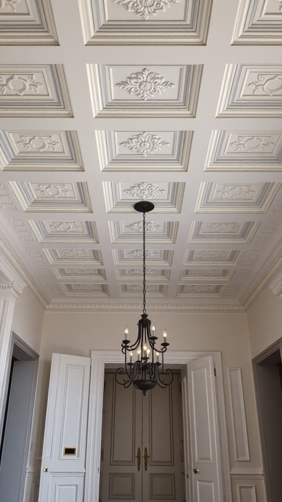 A beautifully designed coffered ceiling with decorative molding and a chandelier.