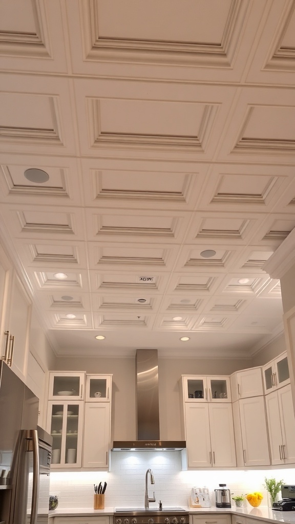A kitchen with a coffered ceiling featuring integrated lighting.