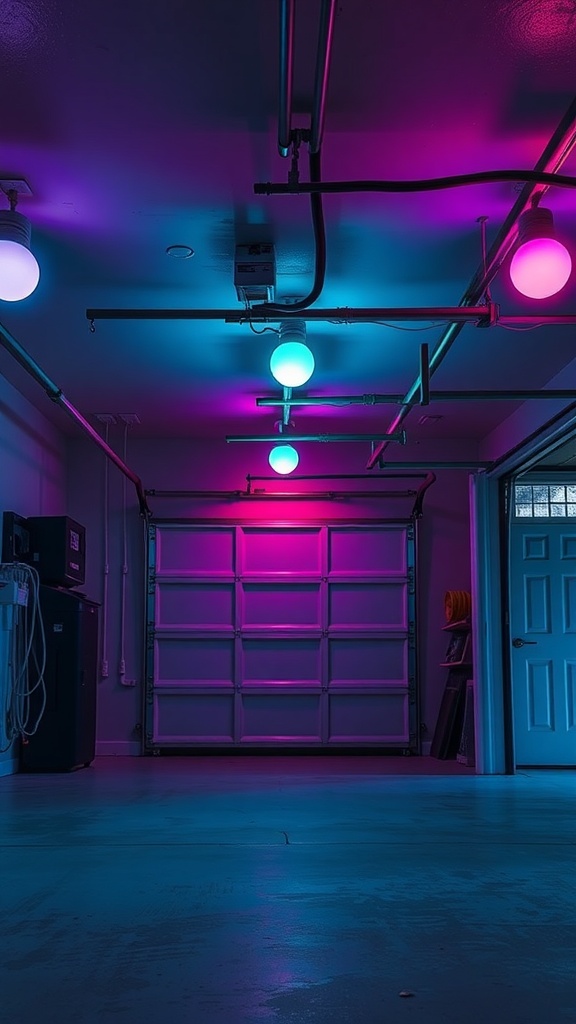 A garage with color-changing smart bulbs in blue and pink lighting.