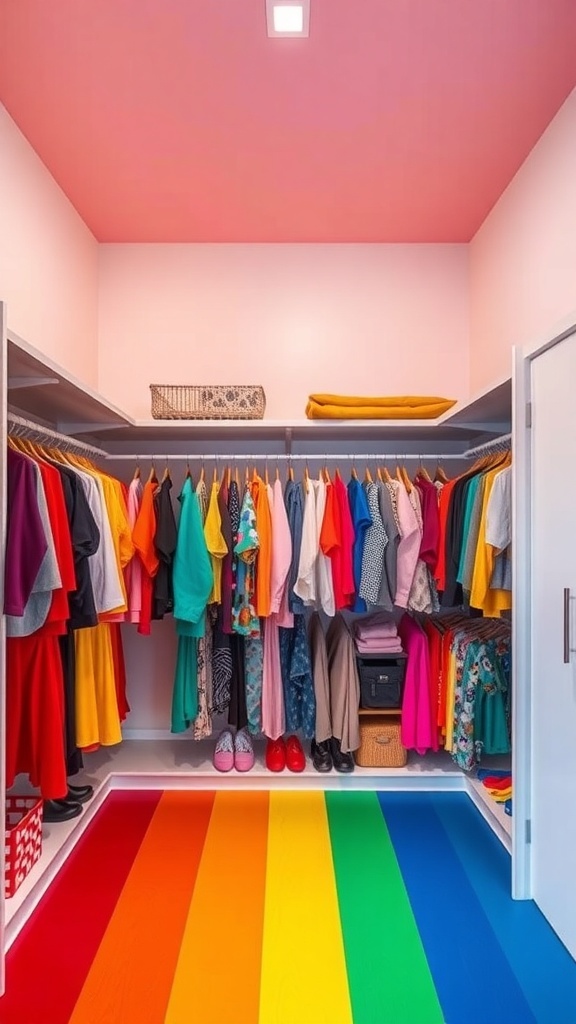 A vibrant closet with clothes organized by color and a rainbow floor.