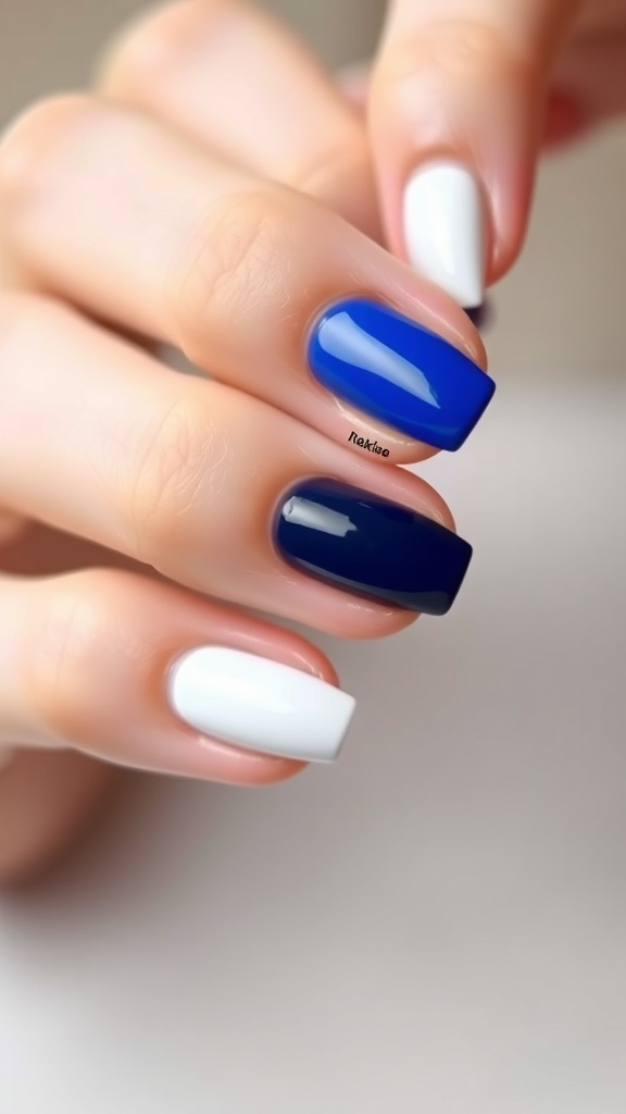 Color block nails featuring deep blue and white polish.