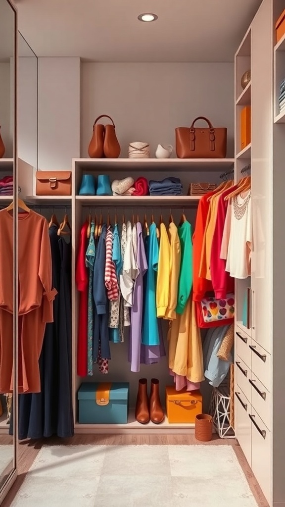 A well-organized wardrobe with clothes arranged by color, showcasing a variety of vibrant and neutral tones.