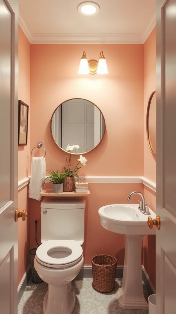 A cozy small powder room with coral walls, a round mirror, and stylish lighting.
