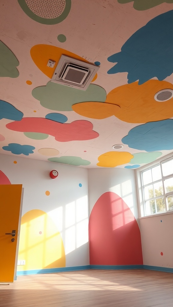 Colorful gypsum ceiling with playful shapes in a room